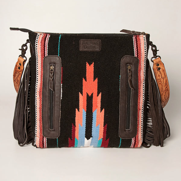 LC-ADBGZ251B Tooled Leather Fringe Crossbody Bag with Black & Turquoise Serape Wool