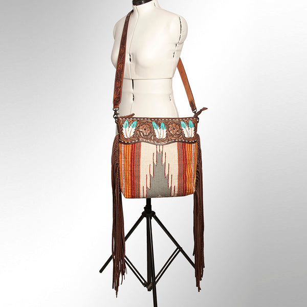 LC-ADBGZ365A Tooled Leather & Turquoise Feather Crossbody Bag - Tribal Wool & Fringe Western Purse