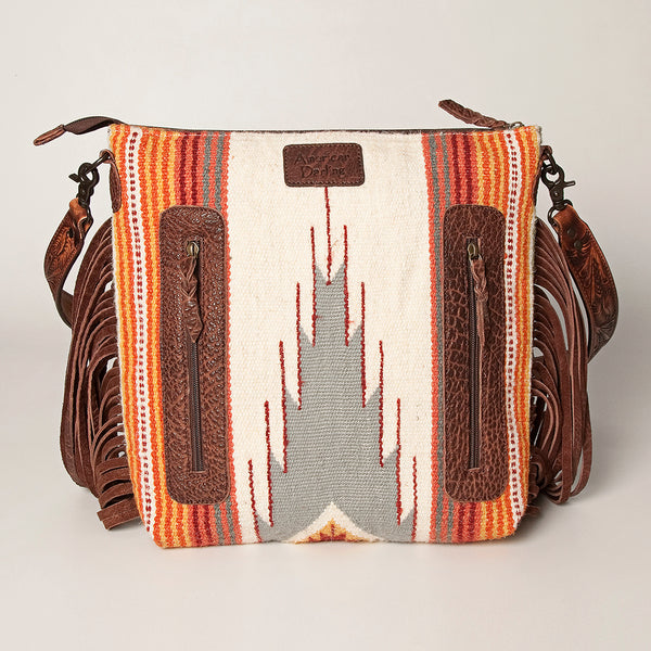 LC-ADBGZ365A Tooled Leather & Turquoise Feather Crossbody Bag - Tribal Wool & Fringe Western Purse