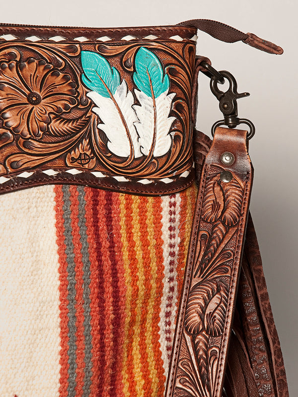 LC-ADBGZ365A Tooled Leather & Turquoise Feather Crossbody Bag - Tribal Wool & Fringe Western Purse