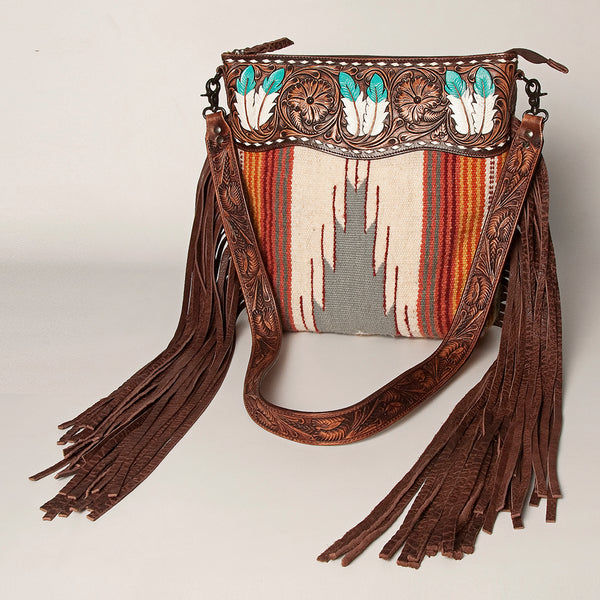 LC-ADBGZ365A Tooled Leather & Turquoise Feather Crossbody Bag - Tribal Wool & Fringe Western Purse