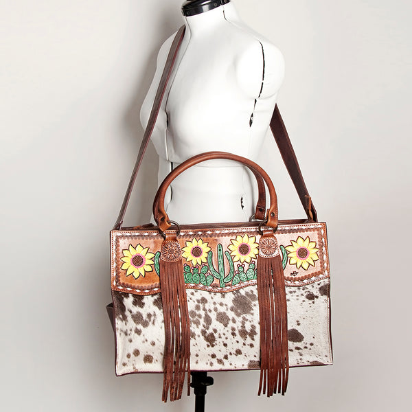 LC-ADBGZ200E Cowhide & Hand-Painted Sunflower Tooled Leather Tote - Western Shoulder Bag with Strap
