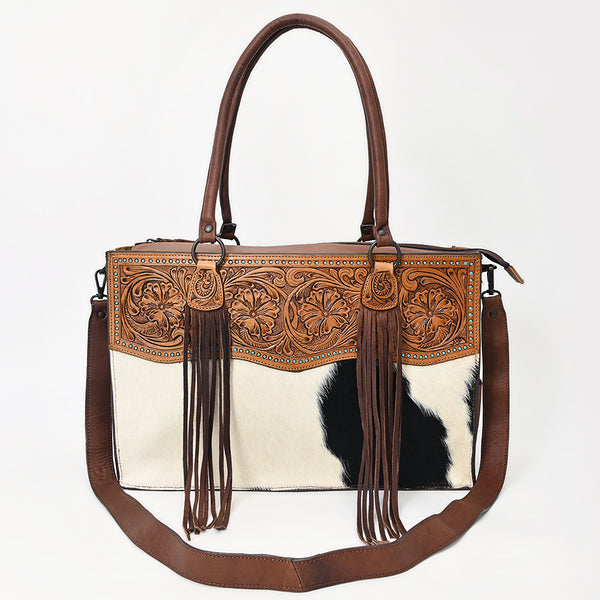 ADBGZ200 Tooled Leather & Cowhide Tote Bag with Fringe - Western Handbag with Shoulder Strap