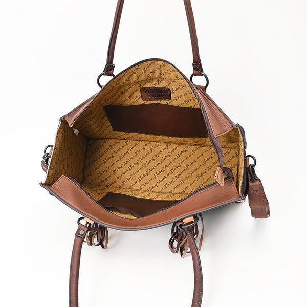 ADBGZ200 Tooled Leather & Cowhide Tote Bag with Fringe - Western Handbag with Shoulder Strap
