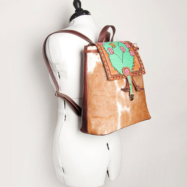 LC-ADBGZ101C Cowhide Backpack with Hand-Painted Cactus Tooled Leather Flap - Western Desert Style