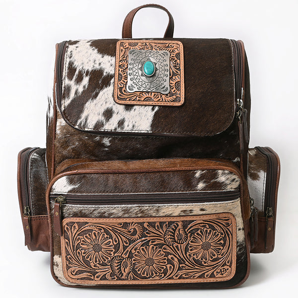 ADBG860 American Darling Hand Tooled Floral Leather & Hair-On Cowhide Backpack with Turquoise Concho