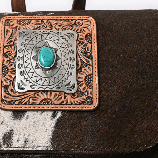 ADBG860 American Darling Hand Tooled Floral Leather & Hair-On Cowhide Backpack with Turquoise Concho