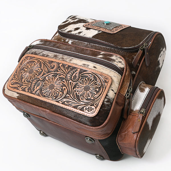 ADBG860 American Darling Hand Tooled Floral Leather & Hair-On Cowhide Backpack with Turquoise Concho