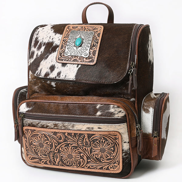 ADBG860 American Darling Hand Tooled Floral Leather & Hair-On Cowhide Backpack with Turquoise Concho