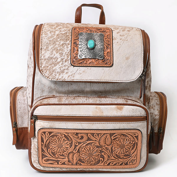 ADBG860 American Darling Hand Tooled Floral Leather & Hair-On Cowhide Backpack with Turquoise Concho