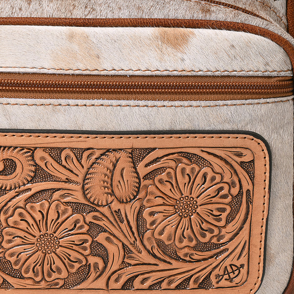 ADBG860 American Darling Hand Tooled Floral Leather & Hair-On Cowhide Backpack with Turquoise Concho