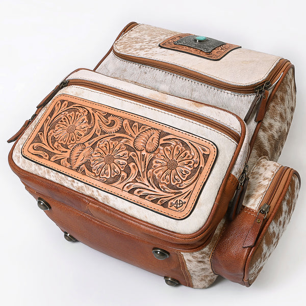 ADBG860 American Darling Hand Tooled Floral Leather & Hair-On Cowhide Backpack with Turquoise Concho