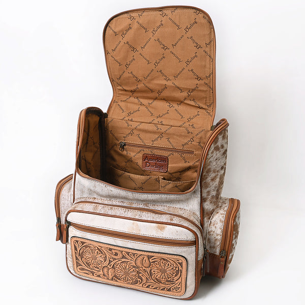 ADBG860 American Darling Hand Tooled Floral Leather & Hair-On Cowhide Backpack with Turquoise Concho