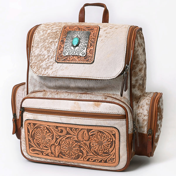 ADBG860 American Darling Hand Tooled Floral Leather & Hair-On Cowhide Backpack with Turquoise Concho