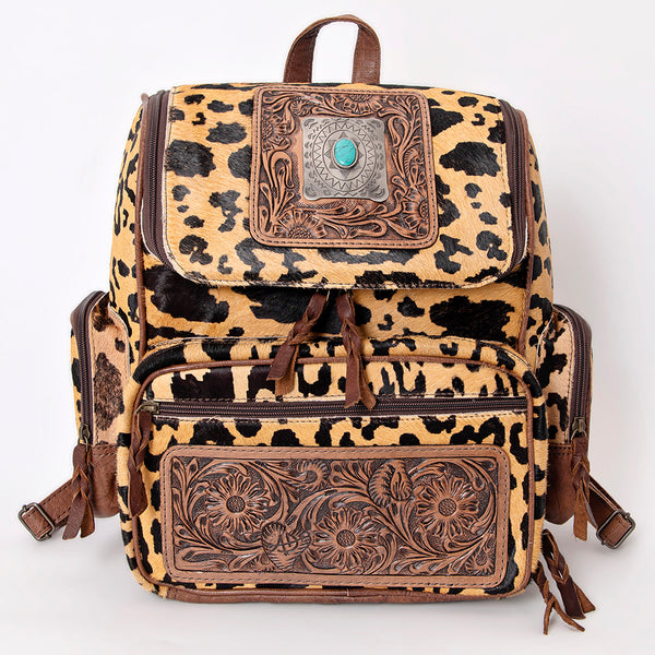 ADBG860 American Darling Hand Tooled Floral Leather & Hair-On Cowhide Backpack with Turquoise Concho