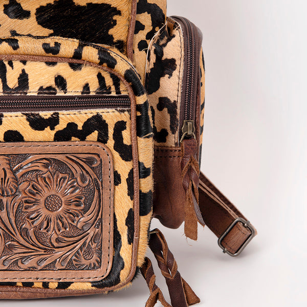 ADBG860 American Darling Hand Tooled Floral Leather & Hair-On Cowhide Backpack with Turquoise Concho