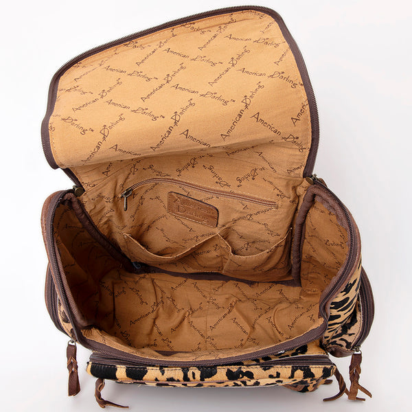 ADBG860 American Darling Hand Tooled Floral Leather & Hair-On Cowhide Backpack with Turquoise Concho