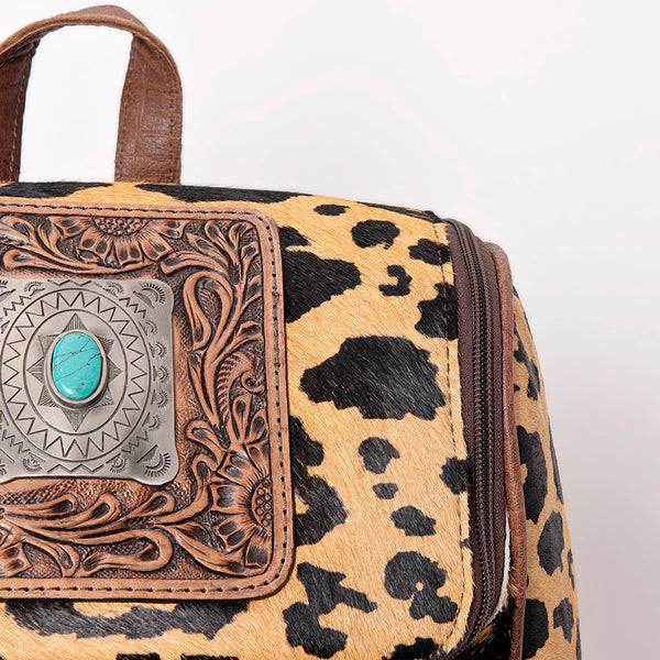 ADBG860 American Darling Hand Tooled Floral Leather & Hair-On Cowhide Backpack with Turquoise Concho