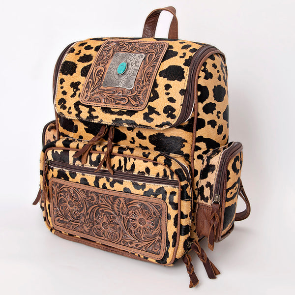 ADBG860 American Darling Hand Tooled Floral Leather & Hair-On Cowhide Backpack with Turquoise Concho