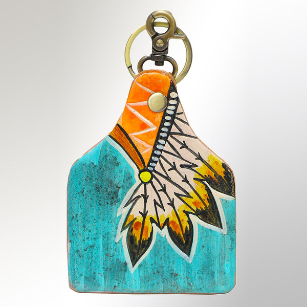 LC-ADKRM105 Hand-Painted Leather Keyring Native Feather Design in Turquoise & Orange