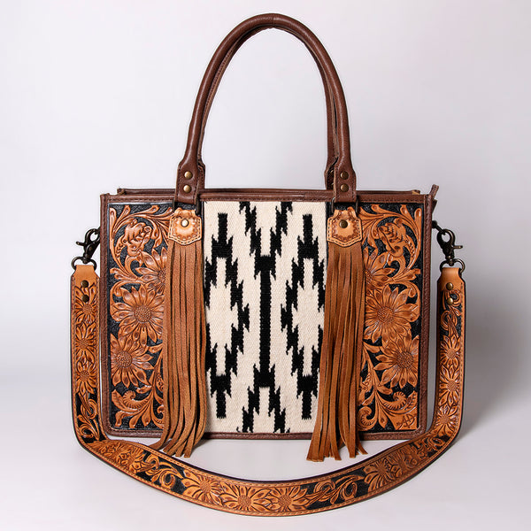 ADBG230 American Darling Hand Tooled Floral Western Leather Woven Saddle Blanket Tote Bag
