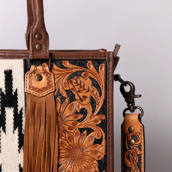 ADBG230 American Darling Hand Tooled Floral Western Leather Woven Saddle Blanket Tote Bag