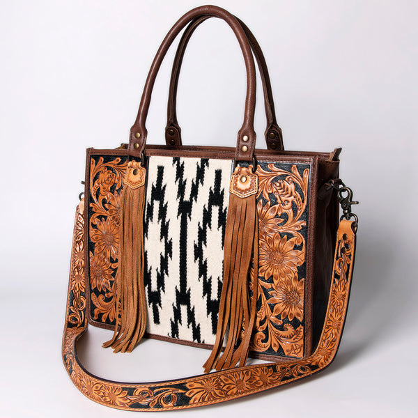ADBG230 American Darling Hand Tooled Floral Western Leather Woven Saddle Blanket Tote Bag