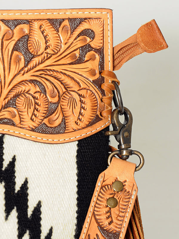 ADBGS146 Aztec Wool & Tooled Leather Shoulder Bag - Western Fringe Crossbody