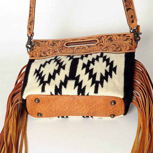 ADBGS146 Aztec Wool & Tooled Leather Shoulder Bag - Western Fringe Crossbody