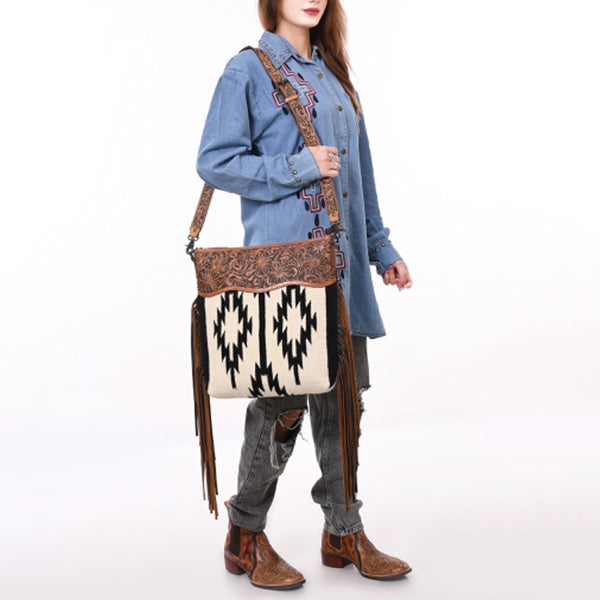 ADBG861 American Darling Hand Tooled Floral & Woven Saddle Blanket Signature Cross body Bag