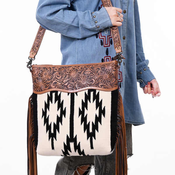 ADBG861 American Darling Hand Tooled Floral & Woven Saddle Blanket Signature Cross body Bag