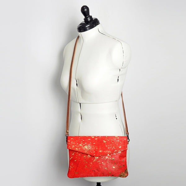 ADBGS178Genuine Hair-on Hide Leather Envelope Bag with Fringe Tassels and Adjustable Strap