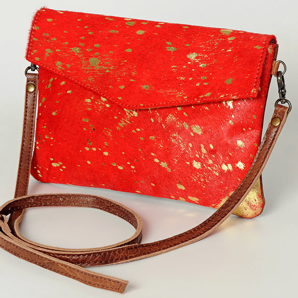 ADBGS178Genuine Hair-on Hide Leather Envelope Bag with Fringe Tassels and Adjustable Strap
