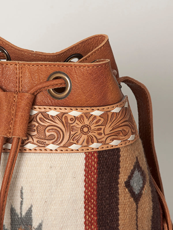 ADBG862 American Darling Hand Tooled Floral & Hand-Woven Saddle Blanket Leather Bucket Bag