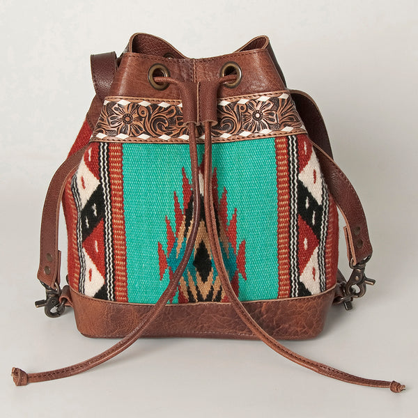 ADBG862 American Darling Hand Tooled Floral & Hand-Woven Saddle Blanket Leather Bucket Bag