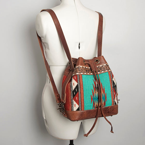 ADBG862 American Darling Hand Tooled Floral & Hand-Woven Saddle Blanket Leather Bucket Bag
