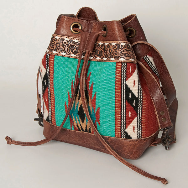 ADBG862 American Darling Hand Tooled Floral & Hand-Woven Saddle Blanket Leather Bucket Bag