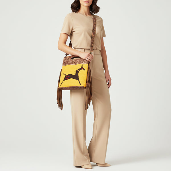 LC-ADBGS146 Southwestern Crossbody Bag - Hand-Tooled Leather & Wool Blend
