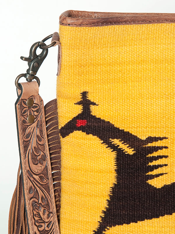 ADBGS192 Wool Large Crossbody Bag with Tooled Leather Strap and Fringe - Western Boho Purse