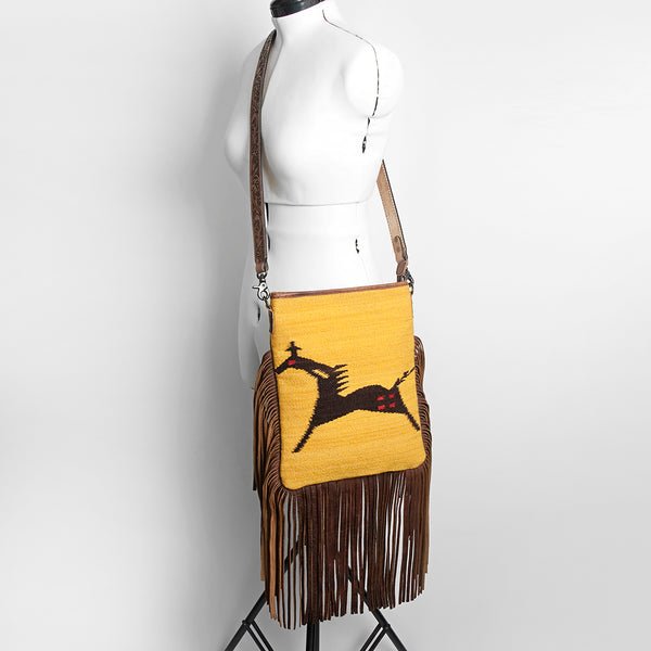 ADBGS192 Wool Large Crossbody Bag with Tooled Leather Strap and Fringe - Western Boho Purse