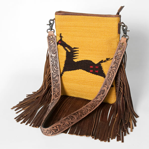ADBGS192 Wool Large Crossbody Bag with Tooled Leather Strap and Fringe - Western Boho Purse