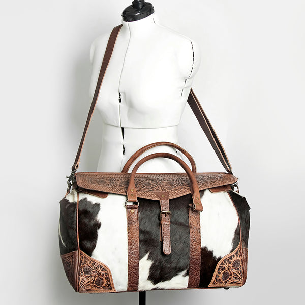 ADBG516 American Darling Western Hand Tooled Leather & Cowhide Travel Duffel Bag