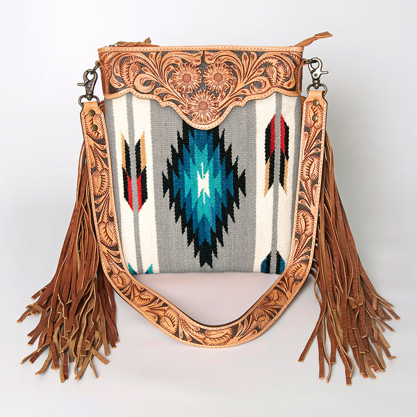 ADBG298 American Darling Cross body Bag - Hand Tooled Floral Leather & Woven Saddle Blanket Purse