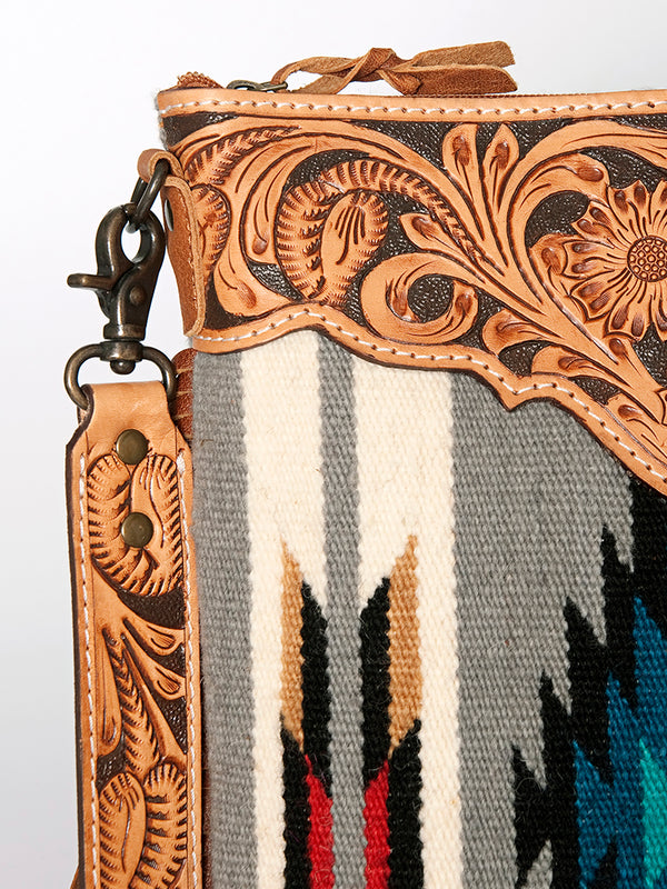 ADBG298 American Darling Cross body Bag - Hand Tooled Floral Leather & Woven Saddle Blanket Purse