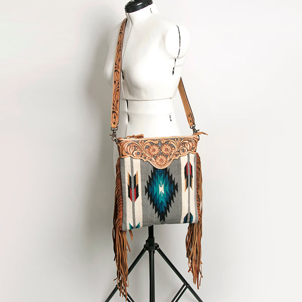 ADBG298 American Darling Cross body Bag - Hand Tooled Floral Leather & Woven Saddle Blanket Purse