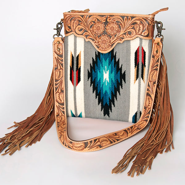 ADBG298 American Darling Cross body Bag - Hand Tooled Floral Leather & Woven Saddle Blanket Purse