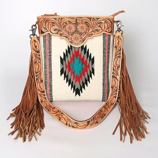ADBG298 American Darling Cross body Bag - Hand Tooled Floral Leather & Woven Saddle Blanket Purse