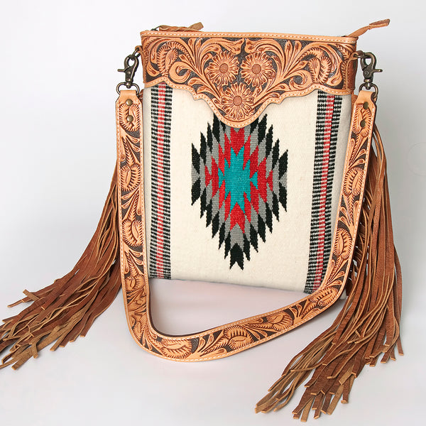 ADBG298 American Darling Cross body Bag - Hand Tooled Floral Leather & Woven Saddle Blanket Purse