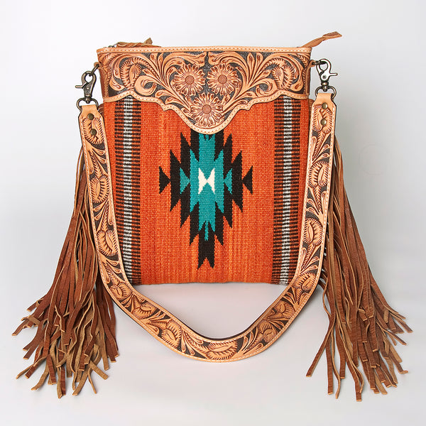 ADBG298 American Darling Cross body Bag - Hand Tooled Floral Leather & Woven Saddle Blanket Purse