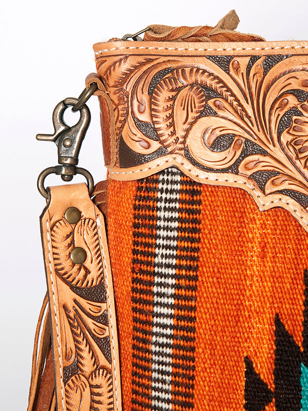 ADBG298 American Darling Cross body Bag - Hand Tooled Floral Leather & Woven Saddle Blanket Purse